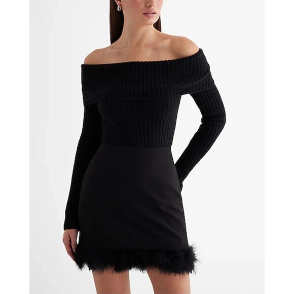 Express High Waisted Black Mini Skirt with Removable Feather Trim Hem - Picture 2 of 6